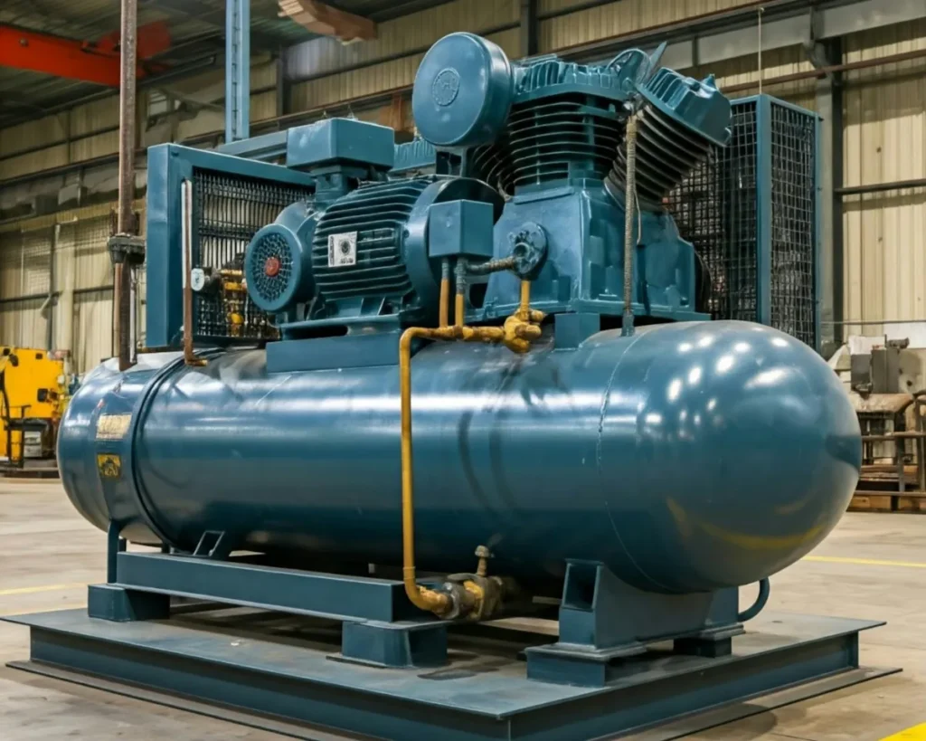 Commercial air compressor with electric motor and storage tank in a clean industrial facility